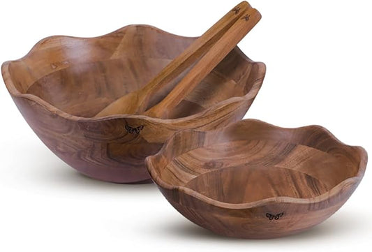 Wooden Salad Bowls Set of 2 with 2 Serving Utensils | 10" & 12 inch Extra Large Natural Acacia Wood Mixing Bowls | Beautiful Gift for Fathers