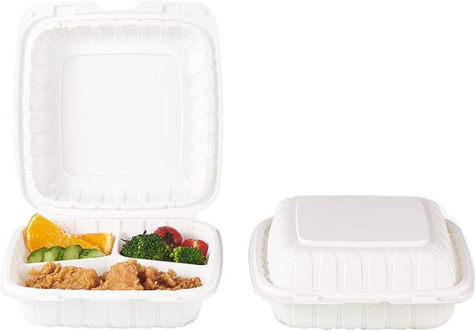 FULING [8x8-Inch, 50 Pieces, 3-Compartment Disposable To Go Box Containers, Plastic Clamshell Takeout Food Trays, Microwave Safe, Cut Resistantstable Hinged Lid, Hybrid Polypropylene, White