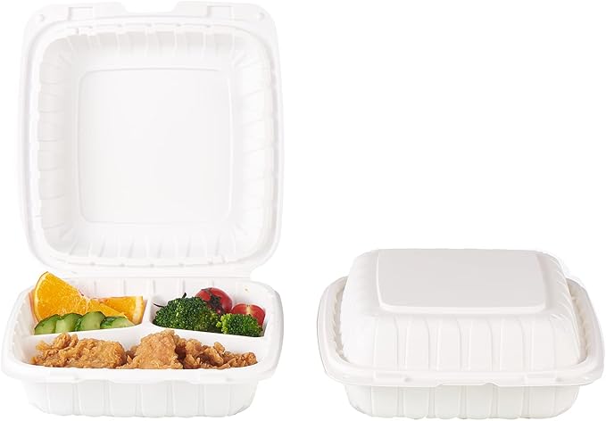 FULING [8x8-Inch, 50 Pieces, 3-Compartment Disposable To Go Box Containers, Plastic Clamshell Takeout Food Trays, Microwave Safe, Cut Resistantstable Hinged Lid, Hybrid Polypropylene, White