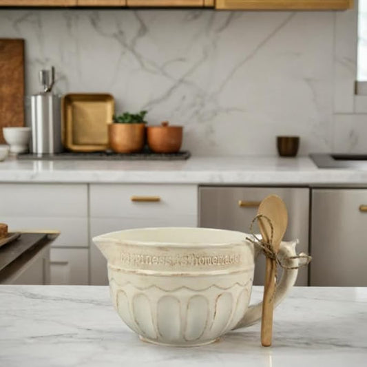 Young's Inc. Ceramic Mixing Bowl with Wooden Spoon, Country Style Ceramic Bowl with Handle and Pour Spout, 8" x 7" x 5", Perfect for Mixing, Whipping, Modern Farmhouse Decor