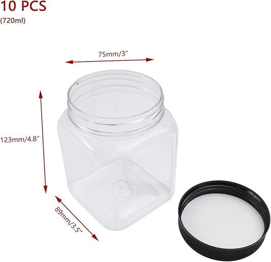 KUMGROT 10 Pack Plastic Jars with Lids Square Storage Container Leakproof Candy Jars for DIY Dry Food Spice Cookie Candy Honey Butter, 720ml