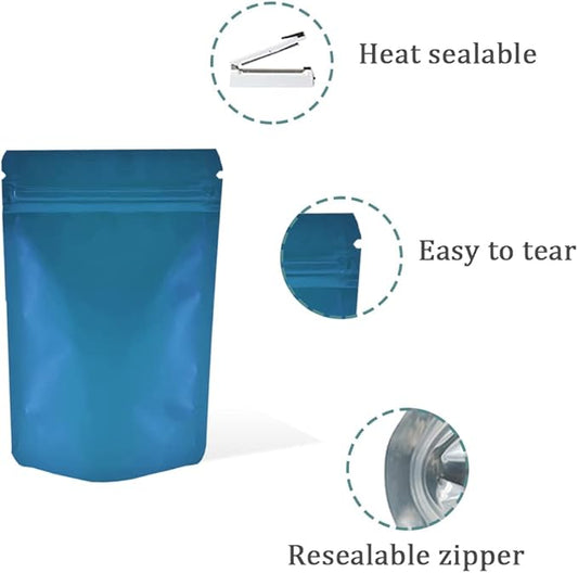 PABCK 50 Pieces 4.3x6.3 inch(Inside Size 3.5x3.9 inch) Stand-Up Resealable Heat Seal Bags 3.54mil Thick Frosted Blue Foil Sealed Bags for Zip Packaging Lock Food Storage Pouch