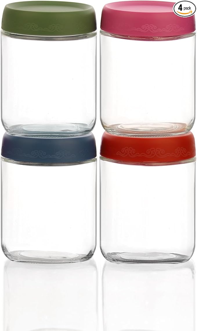 16 OZ Glass Food Jar Storage Containers with Airtight Lids, Reusable Wide Mouth Overnight Oats Glass Mason Jars for Snacks Yogurt Pudding(Multicolor 4pack-1)