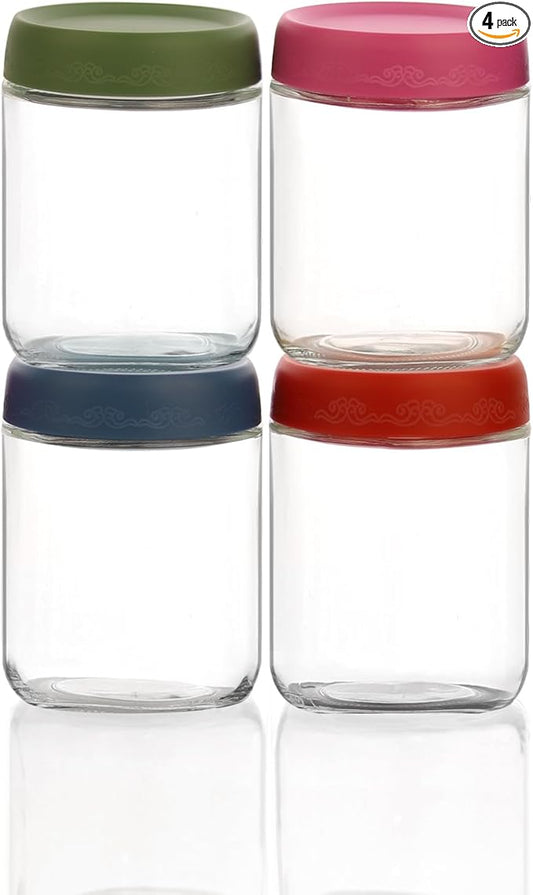 16 OZ Glass Food Jar Storage Containers with Airtight Lids, Reusable Wide Mouth Overnight Oats Glass Mason Jars for Snacks Yogurt Pudding(Multicolor 4pack-1)
