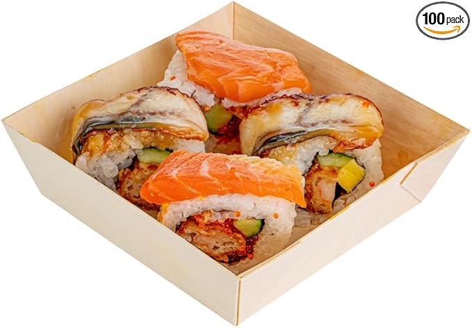 Restaurantware Taipei 14 Ounce Food Containers 100 Square Wooden Bento Boxes - Lids Sold Separately Grease Impermeable Poplar To Go Boxes Disposable Serve Noodles Dumplings And More