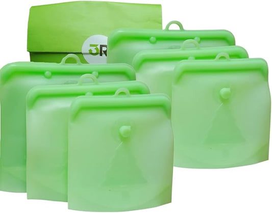 3R Reusable Silicone Food Bags with 100% Leak Proof | 3 Sizes(2 Small, 2 Medium, 2 Large) | Microwave safe, Freezer Safe & Dishwasher Safe | Self Standing | A Hook For Easy Hanging