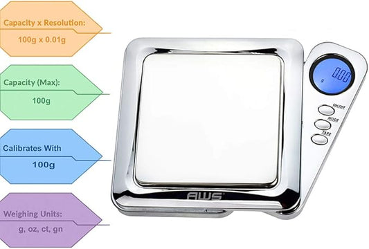 Blade Series Digital Precision Pocket Weight Scale with Silicone Mat, Chrome, 100g x 0.01g (BL-100-CH-SE) - American Weigh Scales