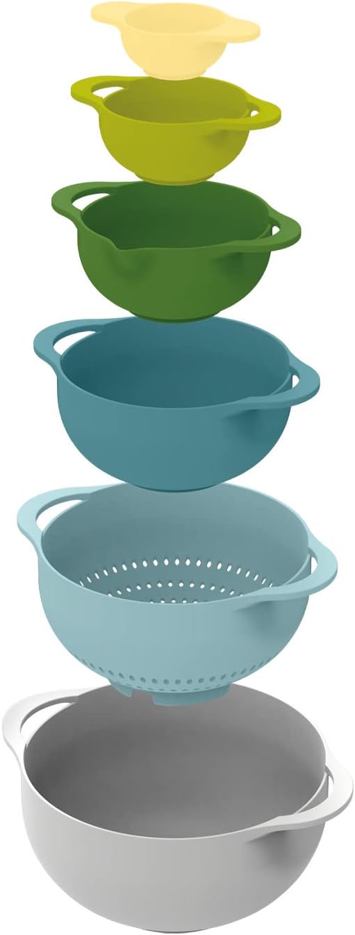 Joseph Joseph Duo 6-Piece Compact Food Preparation Set with Mixing Bowls, Measuring Cups and Colander, Multicolour