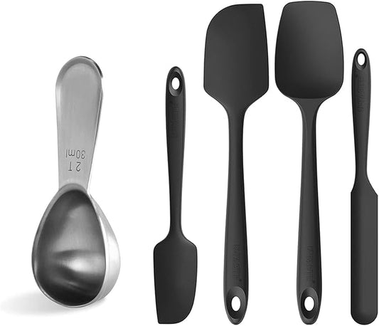 U-Taste sturdy 18/8 Stainless Steel Measuring Coffee Scoop Coffee Bean Spoon, and Upgraded 600ºF High Resistant Flexible and Sturdy Silicone Spatula Set of 4 (Black)