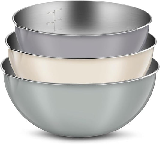 3-Piece Stainless Steel Mixing Bowl Set, Beige/Mint Green/Light Gray, Nesting Design with Pure Spout, Multipurpose Kitchen Basket /1.56Quarts/3.17Quarts/4.23Quarts (Assorted Color)
