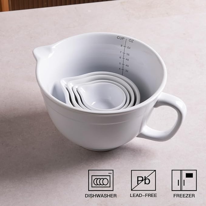 Sweejar Porcelain Mixing Bowl with Scale, Ceramic Serving Container for Kitchen, Nesting Bowl with Handle, Using for Baking, Prepping, Cooking, Set of 5 (White)