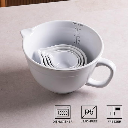 Sweejar Porcelain Mixing Bowl with Scale, Ceramic Serving Container for Kitchen, Nesting Bowl with Handle, Using for Baking, Prepping, Cooking, Set of 5 (White)
