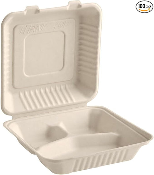 100 Pack Bagasse Clamshell Take Out Containers 9x9 | 3 Section | Heavy Duty To Go Clamshell Food Containers | Planet-Friendly and Compostable Bagasse Take Out Containers for Hot & Cold Food