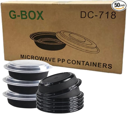 Black Plastic Meal Prep Containers with Lids| Round | [Meal Prep, Soup, Salad, Stackable, BPA-Free, Leak Resistant, Reusable, Dishwasher Safe, Microwave Safe, Freezer Safe] (16 OZ(50 Sets))