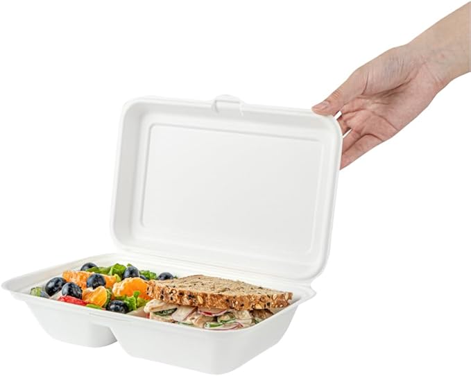 Restaurantware Pulp Safe No PFAS Added 34 Ounce Clamshell Boxes 100 Disposable Containers - Home Compostable 2 Compartments White Bagasse Containers Microwavable And Freezable Hinged Lid