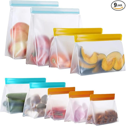 Reusable Food Storage Bags Stand Up, 9 Pack Leakproof Gallon Freezer Bags, BPA Free Snack Bags, Reusable Plastic Bags, Diswasher Safe Lunch Sandwich Bags