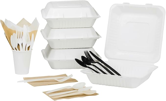 KARAT EARTH Clamshell Take Out Food Containers [9"x9", 200 ct ] Compostable To Go Containers, Natural Biodegradable Bagasse | White