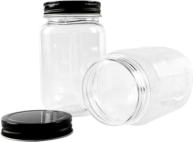 NovelinKs 16 Ounce Plastic Jars with Black Lids - Refillable Round Clear Containers - Storage for Kitchen & Household - BPA Free (10 Pack)