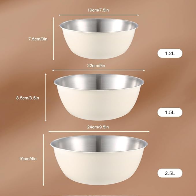 Mixing Bowls, 3Pcs Stainless Steel Mixing Bowl Set, Thick Metal Nesting Basin for the Kitchen, Multifunctional, Stackable, Dishwasher Safe, 1.2/1.8/2.5L(Cream White)