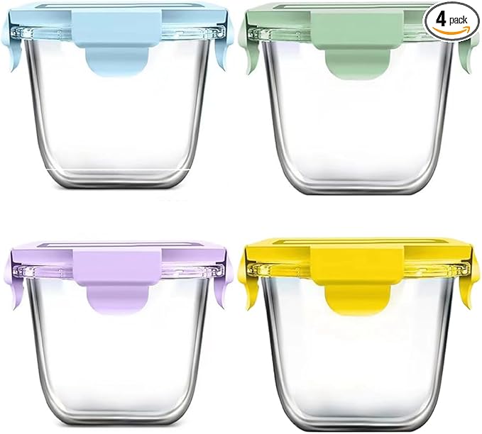 Square Glass Food Storage Container Airtight Lids, 4 Cup Glass Soup Containers with Lids, Food Storage Containers for Lunch, Leak-proof Meal Prep Container, Microwave Freezer Safe (4 Pack)