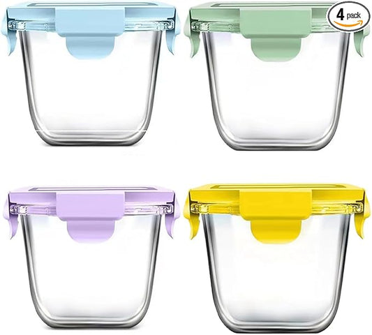 Square Glass Food Storage Container Airtight Lids, 4 Cup Glass Soup Containers with Lids, Food Storage Containers for Lunch, Leak-proof Meal Prep Container, Microwave Freezer Safe (4 Pack)