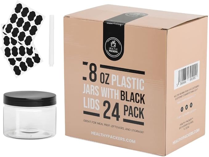 Healthy Packers 8oz Plastic Jars With Lids, Labels and White Marker - 24-Pack Small Plastic Containers with Black Lids. Great for Slime, Lotion, Crafts, Travel General Storage