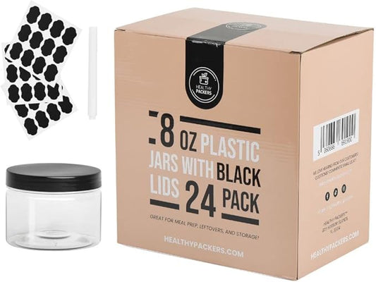 Healthy Packers 8oz Plastic Jars With Lids, Labels and White Marker - 24-Pack Small Plastic Containers with Black Lids. Great for Slime, Lotion, Crafts, Travel General Storage