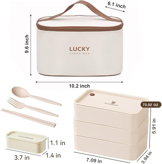 3 Layer Japanese Lunch Box with Chopsticks, Microwave Safe Bento Lunch Box with Bag and Utensils, Leakproof Stackable BPA-Free Lunch Containers for Adults
