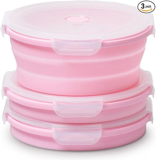 Vdomus Collapsible Food Storage Containers - Leak Proof, Microwave Safe - 40.5oz/1.2L Airtight Silicone Food Containers - Meal Prep Collapsible Bowls with Lids - Set of 3 - Pink