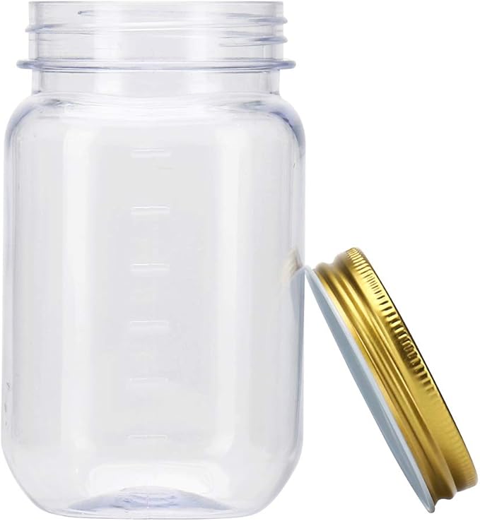 novelinks 16 Ounce Plastic Jars with Gold Lids - Round Clear Containers Storage & Household Solutions - BPA Free (20 Pack)