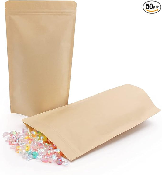 SumDirect Kraft Stand Up Pouches - 50 Pack 7x12 Inch Zipper Food Storage Reusable Bags with Foil Lined for Home or Business