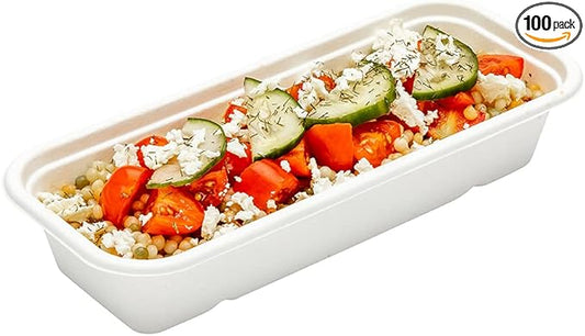 Restaurantware Pulp Tek 9.2 x 3.8 x 1.8 Inch Takeaway Food Boxes 100 Disposable Take Out Containers - Lids Sold Separately Freezable White Bagasse Catering Food Containers Microwavable