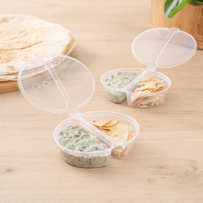 Restaurantware Futura 4 Ounce Snack Containers 100 Microwavable Sauce Containers - 2 Compartments Hinged Lid Clear Plastic Portion Cups For Condiments Or Dips