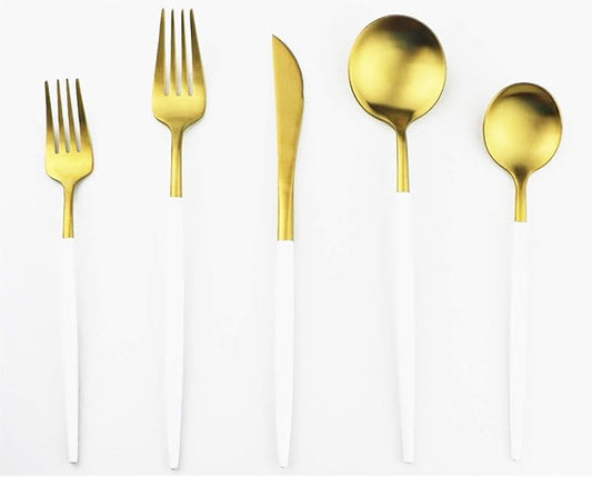 White Gold Flatware, Royal 20 Piece Matte White Handle 18/10 Stainless Steel Tableware Sets for 4 Including Forks Spoons Knives, Camping Silverware Travel Utensils Set Cutlery (White Gold)