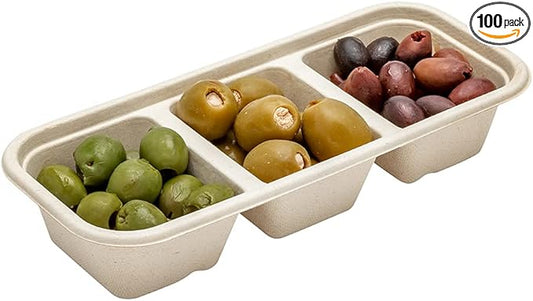 Restaurantware Pulp Tek 9.2 x 3.8 x 1.8 Inch Takeaway Food Boxes 100 Microwavable Take Out Containers - Lids Sold Separately Freezable Bagasse Catering Food Containers 3 Compartments 17 Ounces