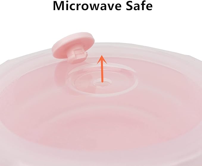 CCyanzi 3piece Round Collapsible Bowl with Lids, Silicone Food Storage Containers, Microwave & Freezer Safe, Space Saving for Kitchen Cabinet and Camping Backpack,(Pink)