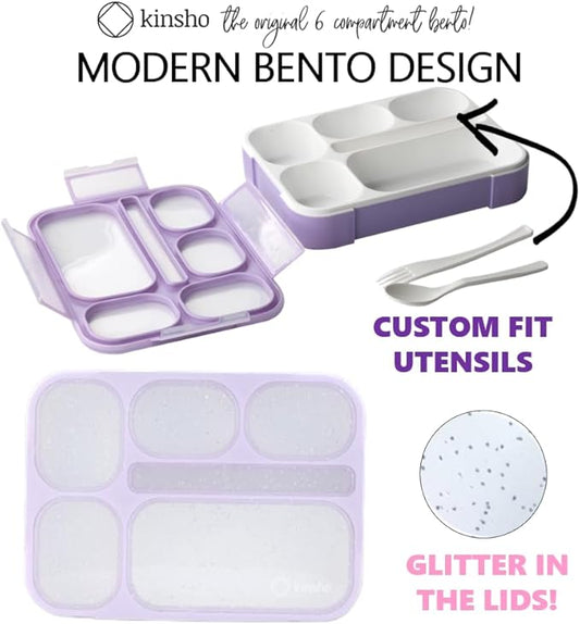 kinsho Glitter Lunch Box Bento-Boxes for Girls, Meal and Snack Containers for Toddler Daycare, School, Travel, 6 Divided Sections, Cute Bentobox, Leak-Resistant, Utensils, Purple Lilac Sparkle
