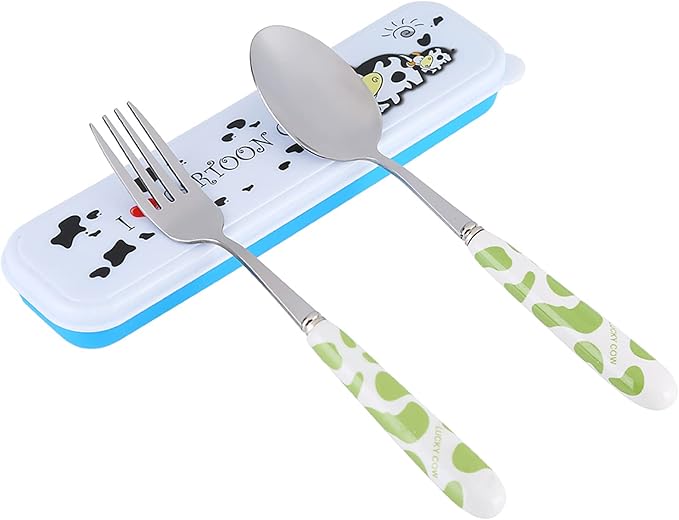 Children Flatware Set, Stainless Steel Fork Spoon with Storage Box Dinner Utensils Spoon Fork Set with Travel Case Toddler Travel Utensils for Kids Toddlers (Green)
