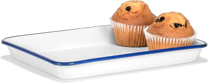 Red Co. 11" x 9" Enamelware Metal Classic 2 Quart Rectangular Serving Tray, Solid White/Navy Blue Rim