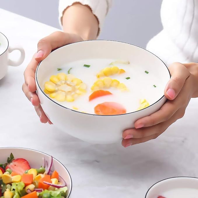 Hesen 40 Ounce Large Soup Bowls, Large Cereal Bowls, Large Pho Bowls, Durable Porcelain Rimmed Off-White Bowls Set of 4, 7 Inch