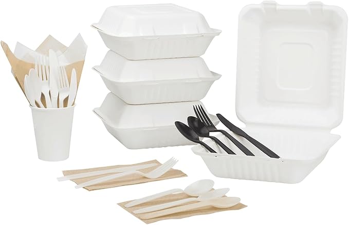 KARAT EARTH Clamshell Take Out Food Containers [8"x8", 200 ct ] Compostable To Go Containers, Natural Biodegradable Bagasse, Made of Sugarcane Fibers | White