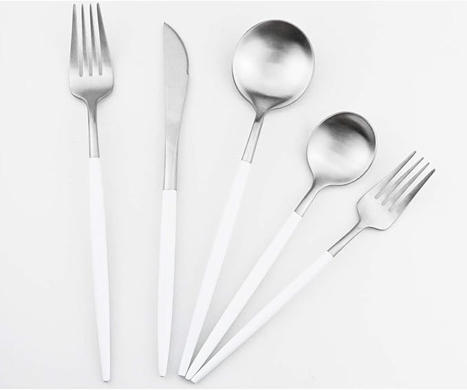 White Silver Flatware, Royal 5-Piece Matte White Handle 18/10 Stainless Steel Tableware Sets for 1 Including Forks Spoons Knives, Camping Silverware Travel Utensils Set Cutlery (White Silver)