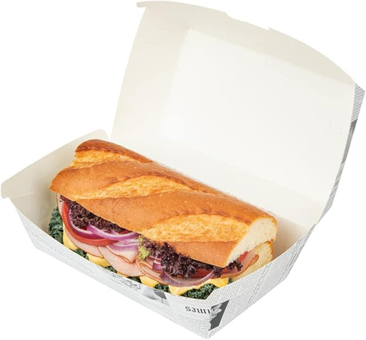 Restaurantware Bio Tek 6.7 x 3.5 x 3.5 Inch Clamshell Food Containers 100 Disposable Sandwich Containers - Hinged Lid Tab-Lock Closure Newsprint Paper Hot Dog Containers Recyclable Greaseproof