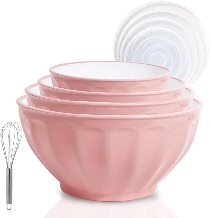 Mixing Bowls with Lids Set,4 Piece Large Plastic Nesting Bowls,Includes 4 Microwave safe Mixing Bowl and An Egg Whisk for Kitchen Prepping,Baking,Cooking Food, Pink