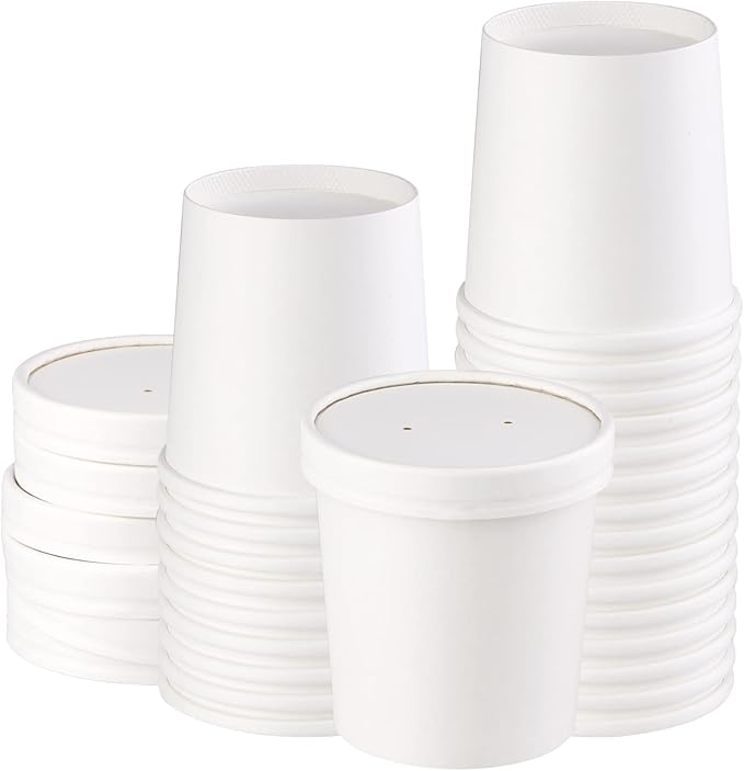 16 oz 25 Pcs Paper Soup Cups with Lids, Disposable Soup Cups, Ice Cream Containers, White Disposable Soup Containers White for Hot or Cold Soup