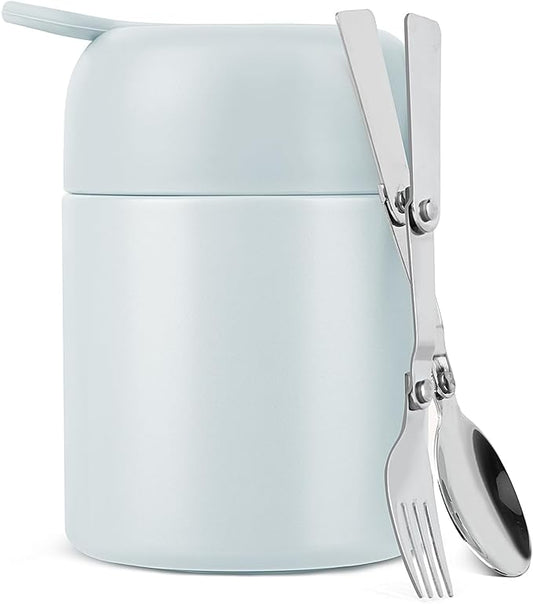 HOUSETEC Thermo For Hot Food - Insulated Food Container With Foldable Fork& Spoon, Leak Proof Food Thermo, Portable Wide Mouth Soup Thermo With Handle For Outdoors Indoors Office Picnic (Gray, 17OZ)