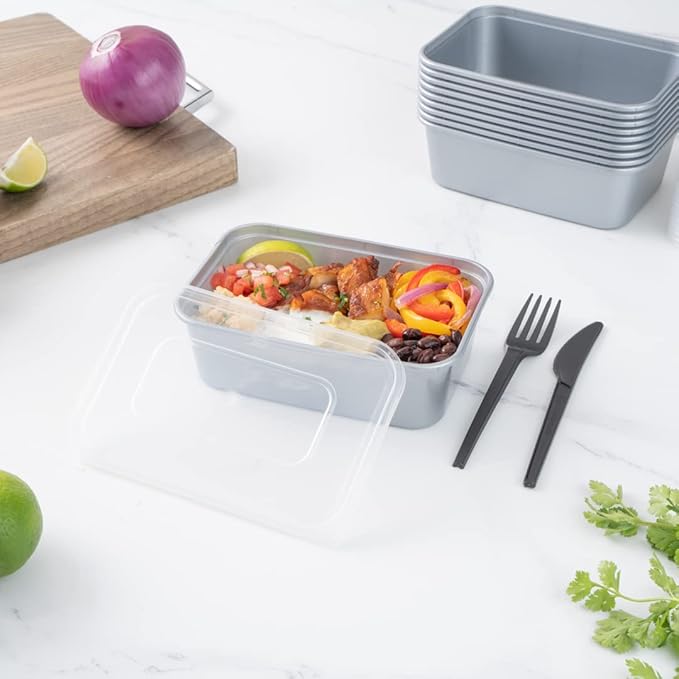 Restaurantware Futura 25 oz Rectangle Silver Plastic Take Out Container - with Clear Lid, Microwavable - 6 3/4" x 4 1/2" x 2 1/4" - 100 count box