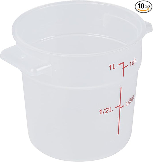 Restaurantware-Met Lux 1 Quart Food Storage Containers, 10 Translucent Storage Containers - Lids Sold Separately, Red Volume Markers, Dishwashable Containers, Side Handles, For Storing Foods
