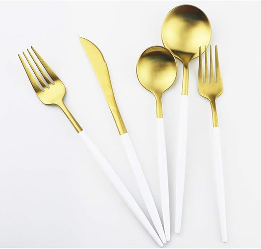 White Gold Flatware, Royal 20 Piece Matte White Handle 18/10 Stainless Steel Tableware Sets for 4 Including Forks Spoons Knives, Camping Silverware Travel Utensils Set Cutlery (White Gold)