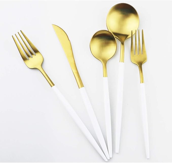 Gugrida White Gold Flatware, Royal 5 Piece Matte White Handle 18/10 Stainless Steel Tableware Sets for 1 Including Forks Spoons Knives, Camping Silverware Travel Utensils Set Cutlery (White Gold)
